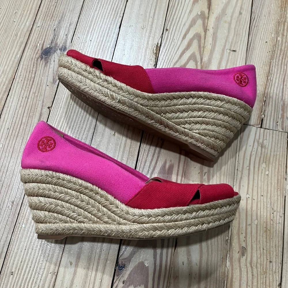 Tory Burch Filipa Espadrille Wedges Womens 8 Pink Red Canvas Peep Toe  Platform